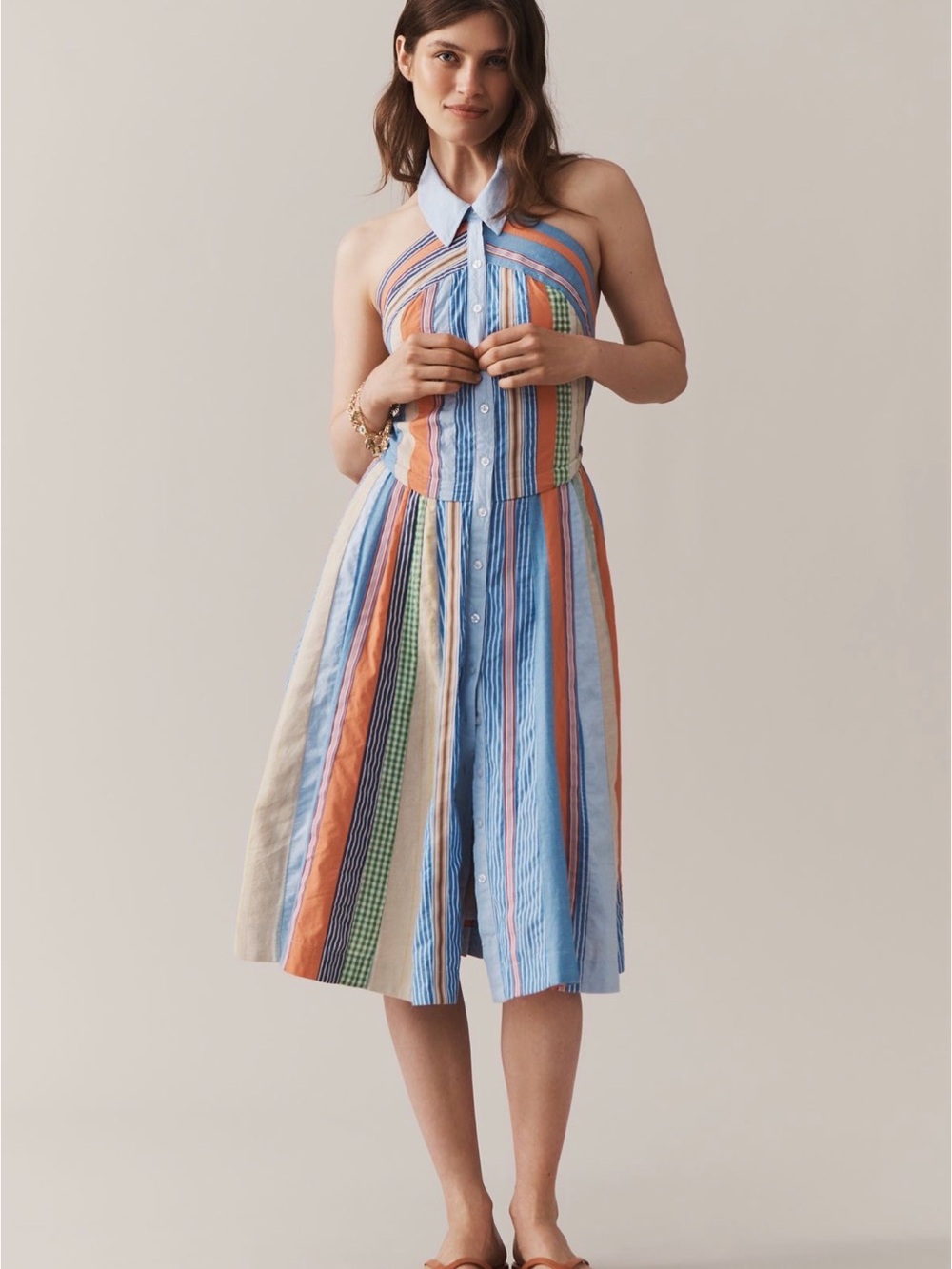 Maeve Halter Collared Midi Dress in Blue and Orange